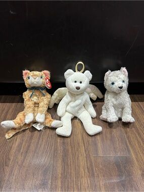 TY Beanie Babies - Ginger Cat, Angel Bear, Wolf